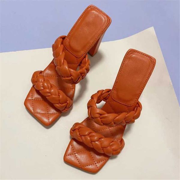 

fashion square toe dress slippers women summer open slides mules classic leather weave outdoor high heel sandals, Black