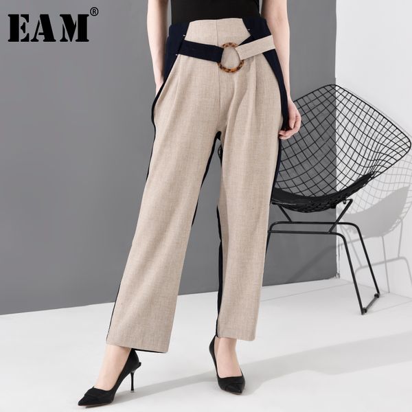 

[eam] high waist apricot contrast color long wide leg trousers new loose fit pants women fashion tide spring autumn jo374 210319, Black;white