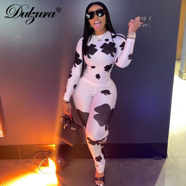 

clover print women 2 piece set long sleeve crop leggings skinny bodycon streetwear sporty tracksuit lounge wear, Black;white