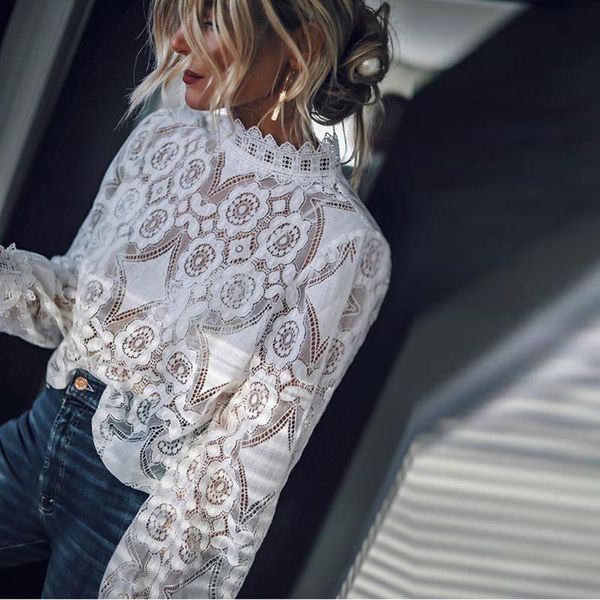 

women's blouses & shirts hollow lace blouse women stand neck solid long sleeve shirt haut femme bluzki damskie ladies, White