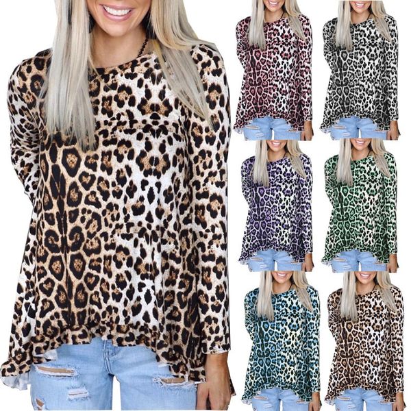 

2021 autumn new european and american women's leopard long sleeve round neck t-shirt, White