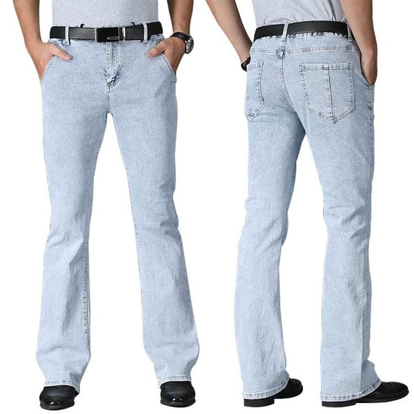

men's jeans 2021 micro flared men boot cut denim pants drawstring stretch waist comfortable fashion classic slim light blue trousers