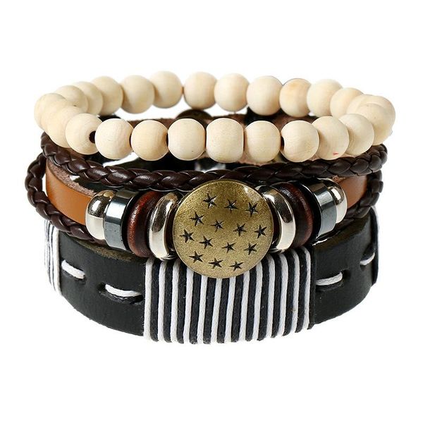 

charm bracelets trendy strand beaded 3pcs/set jewelry accessories bangles for men women diy genuine leather wood beads wristband femme, Golden;silver