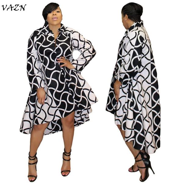 

casual dresses vazn 2021 autumn print straight mini dress women v-neck full sleeve irregular classic black and white ml7142, Black;gray