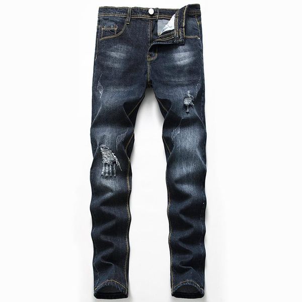 

men's jeans ripped black palm holes stretch slim for men, Blue