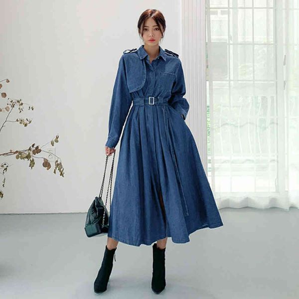 Abito vintage Chic Maxi Abito lungo in denim Autunno Inverno Abito monopetto con cintura Jeans donna Abiti larghi 210422