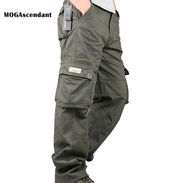 

men's pants cargo men cotton casual long trousers spring loose straight multi pocket pantalon homme overalls military tactical, Black