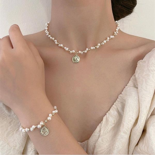 

chokers allme vintage baroque freshwater pearl necklaces for women natural pearls beaded head portrait coin pendant choker necklace, Golden;silver