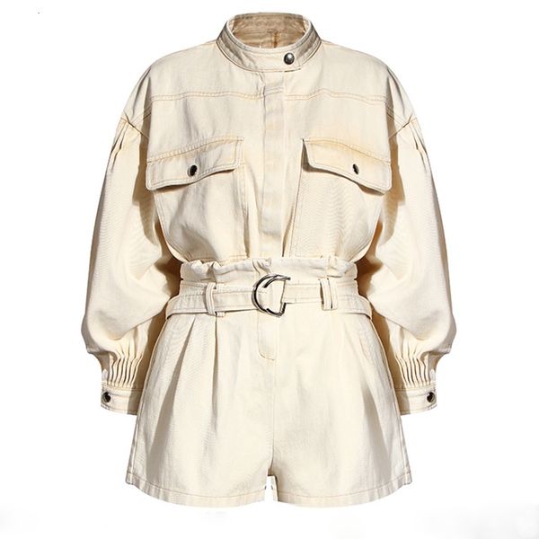 

two piece dress set women long sleeve blouse safari style+high waist shorts 4j4h, White