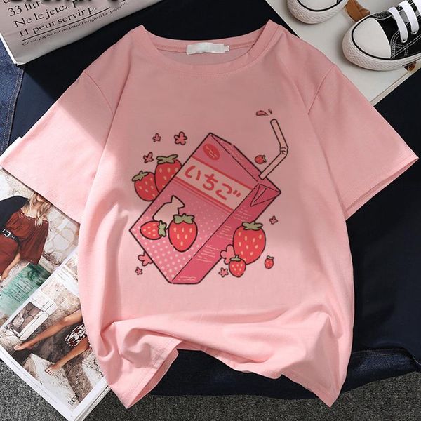 

japan strawberry juice graphic print t-shirt women 2021 summer fashion tshirt tee harajuku aesthetic pink female t shirt women's, White