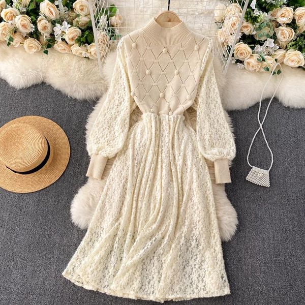 

casual dresses singreiny french sweet lace dress women chic splice knitted stand collar puff sleeve autumn korean streetwear a-line, Black;gray