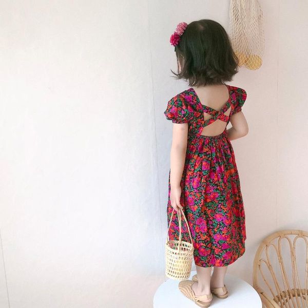 

girl's dresses girls retro style red flower dress summer children's net 1-year-old yangqi 2 cross 3 backless 4 princess, Red;yellow