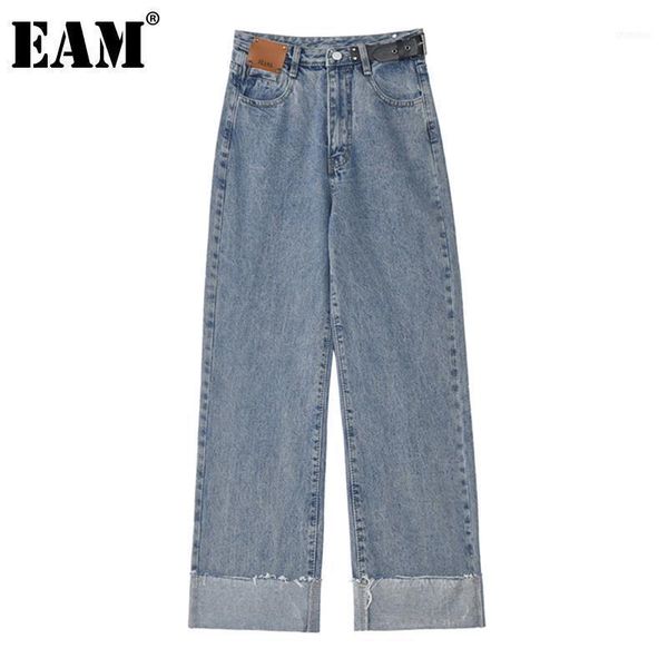 

[eam] blue fold split joint long wide leg jeans high waist loose women trousers fashion tide spring autumn 2021 1da1921