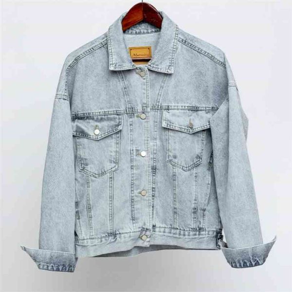 

vintage women jacket autumn winter oversize denim s washed blue jeans coat turn-down collar outwear bomber 210818, Black;brown