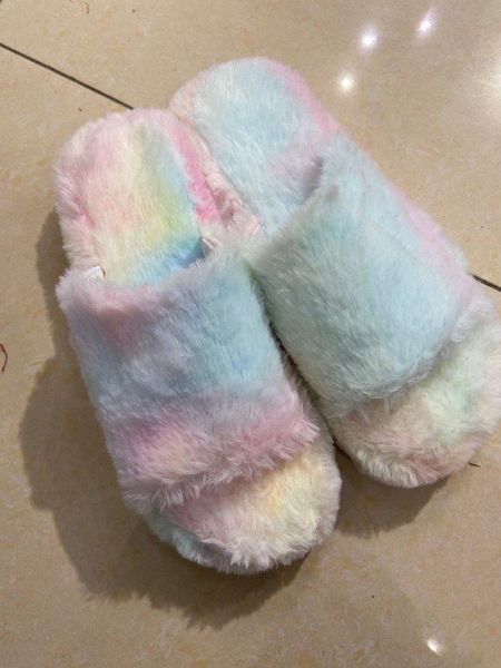 

slippers 2021 women slip on suede open toe home winter fluffy furry flat with fur slides, Black