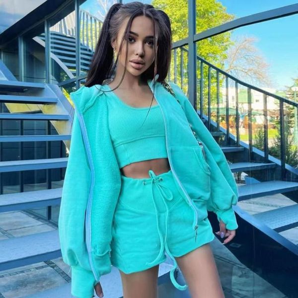 

women's tracksuits women three piece suits loose jacket & tank sporting shorts set solid color casual outfit 3 sets 2021, Gray