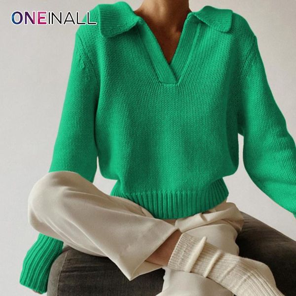 

women's sweaters oneinallcasual loose sweater for women lapel collar long sleeve solid minimalist knitting pullover female korean fashi, White;black