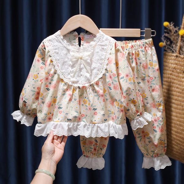 

clothing sets baby girls long sleeve pajamas set cute kids infant home suit floral lace ruffle toddler pajama sleepwear children clothes, White