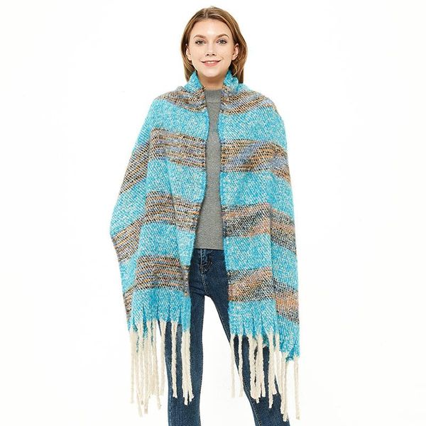 

scarves royalmaybe cashmere scarf european and american style thickened shawl autumn winter fringed twist braid striped, Blue;gray