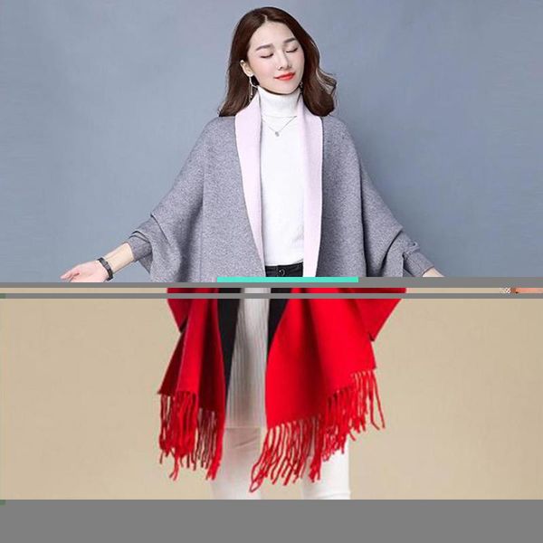 

scarves women winter poncho with sleeve shawls and wraps pashmina red thicken scarf stoles femme hiver warm reversible ponchos capes, Blue;gray