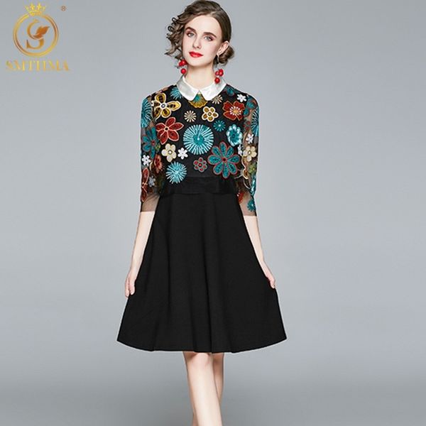 

autumn casual lapel patchwork women long sleeve embroidery flowers dresses slim vintage elegant vestido da festa 210520, Black;gray