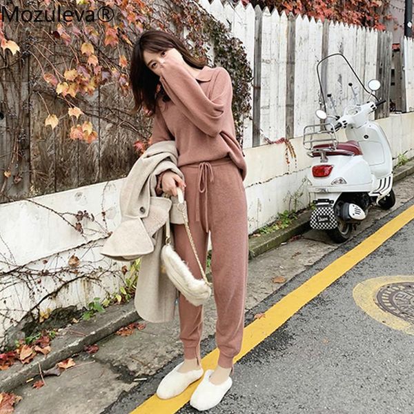 

two piece dress mozuleva chic velvet sweater pants 2 pieces set v-neck pullovers & pencil women sets 2021 winter knitted tracksuit, White