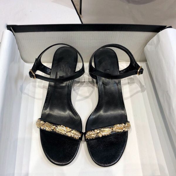 

small fragrance metal wheat ear sandals slipper female summer new net red fairy feng rhinestone pearl word belt high heels 01, Black