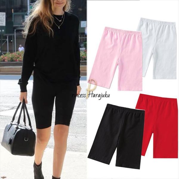 

summer high waist tight women short stretch elastic pure 4 color slim knee length female fitness clothes size punk, White;black