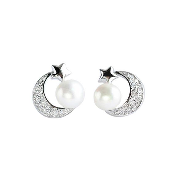 

all match women's pearl earrings fashion simple stars moon 925 sterling silver jewelry girls hypoallergenic accessories stud, Golden;silver