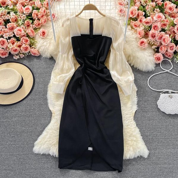 

casual dresses ftlzz autumn a line square collar chiffon pullover miacalf women solid slim lady full medium dress, Black;gray
