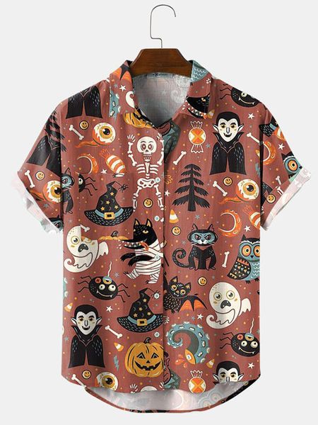 

shirts2020 summer men's halloween hawaiian lapel print casual short sleeve shirt, White;black