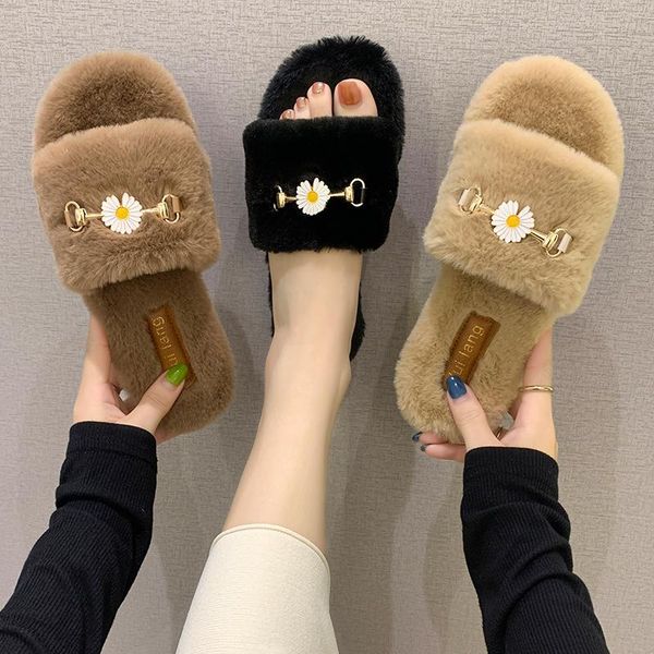

little daisy fur slippers women's shoes for outer wear summer 2021 fashion all-match thick-soled sandals and, Black
