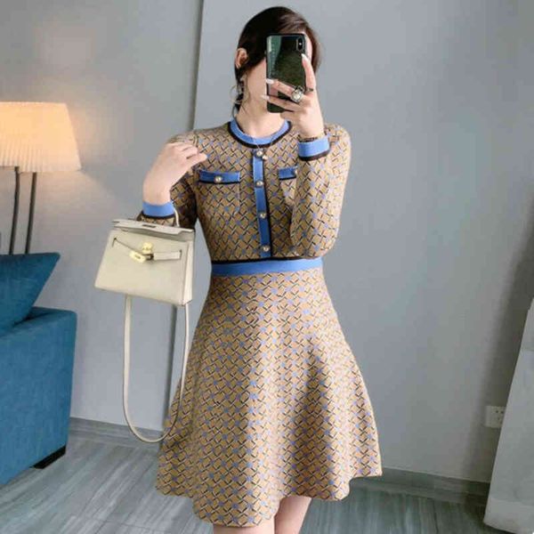 

french gentle wind restoring ancient ways is jacquard lattice splicing knitting dress female autumn/winter coat little render sk 210429, Black;gray