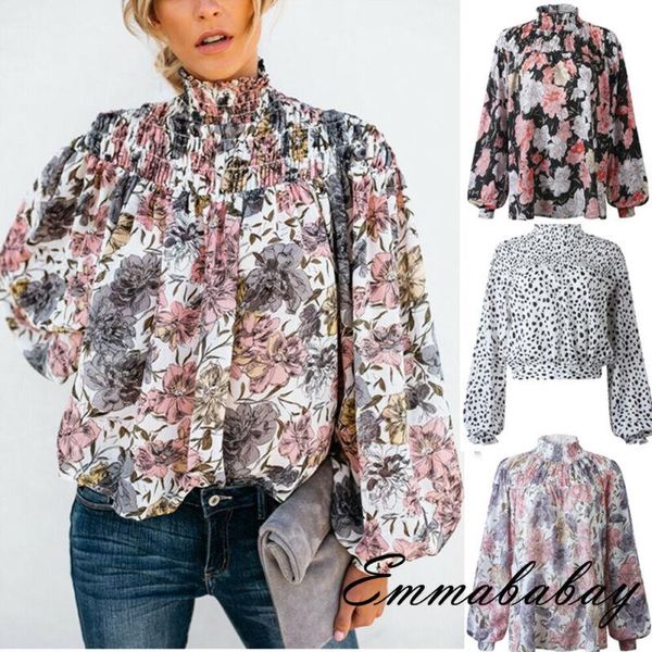 

high neck women casual loose shirts blouses ladies floral boho lantern blouse shirt women's &, White