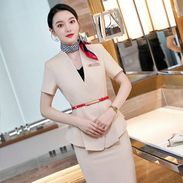 

summer short sleeve formal professional business suits with skirt and ladies office work wear blazers set scarf belt two piece dress, White