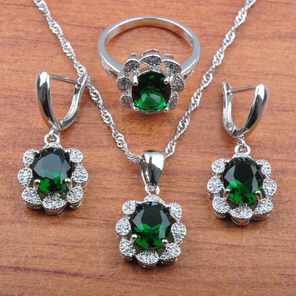 

earrings & necklace bridal costume green zirconia silver color jewelry set party gifts dangle pendant rings js0401