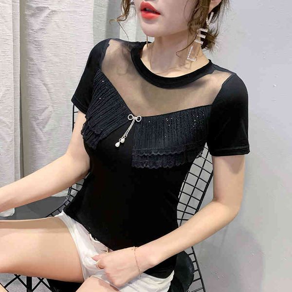 

women's t-shirt summer european clothes t-shirt transparent ruffles diamonds women bow ropa mujer short sleeve cotton te, White
