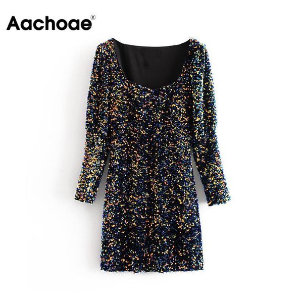 

casual dresses aachoae women sequins mini party dress square collar velvet lady bodycon long sleeve sundress vestido de festa, Black;gray