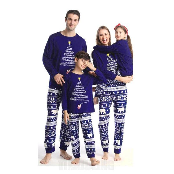 

Christmas Dress Solid Color Elk Print Family Matching Pajamas Set, Parent-child Home Service, Blue