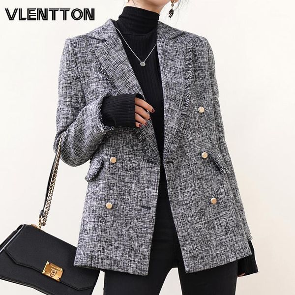 

women's suits & blazers 2021 autumn winter women vintage plaid tweed fashion tassel suit jackets korean outwear female office blazer, White;black
