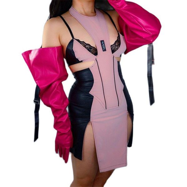 

five fingers gloves latex leather 70cm long large sleeve faux rose red adjustable belt men women wpu331, Blue;gray
