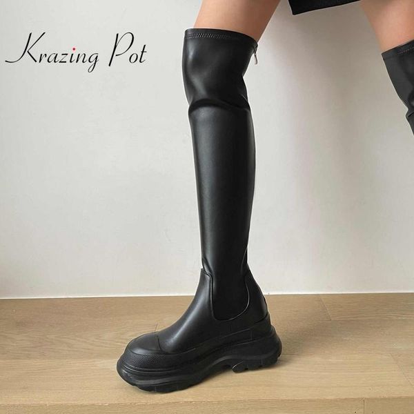 

boots krazing pot stretch genuine leather round toe thick bottom height increased young lady streetwear over-the-knee l51, Black