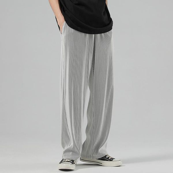 

men's pants summer ice silk striped men elastic waist straight trousers fashion causal loose sweatpants bottoms male plus size 5xl, Black