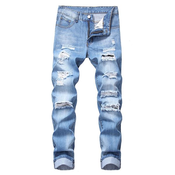 

men ripped jeans distressed destroyed slim fit straight leg denim pants, Blue