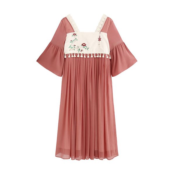 

vintage pink floral embroidery square collar flare half sleeve tassel pleated a-line midi dress women summer d2425 210514, Black;gray