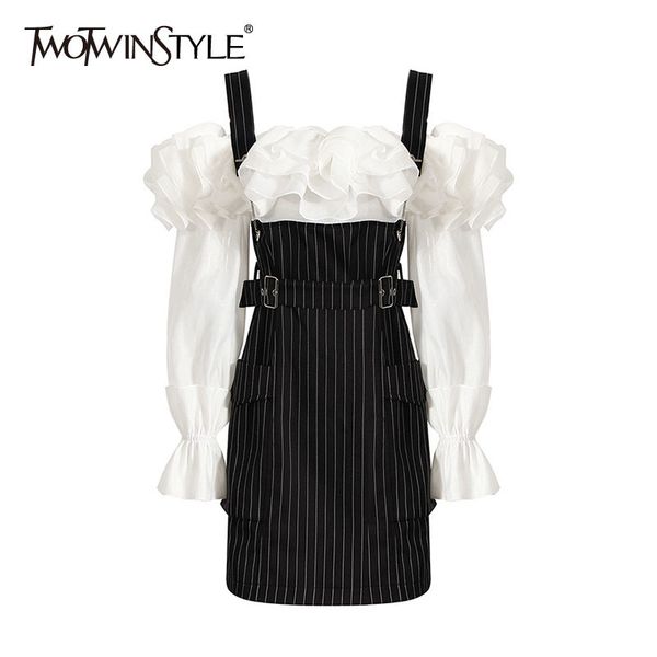 

striped patchwork ruffle dress for women slash neck long sleeve high waist vintage fake two dresses female fashion 210428, Black;gray