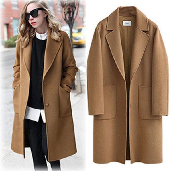 

women's wool & blends winter elegant jacket long sleeve casual woolen coat plus size women, Black