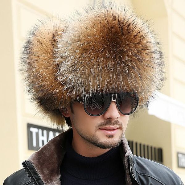 

berets 100% genuine silver fur bomber hat winter men's russian outdoor leather year ear protection, Blue;gray