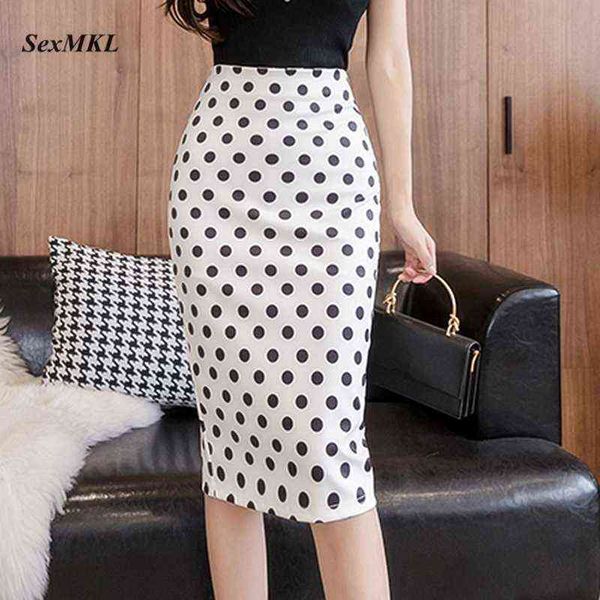 Moda polka dot saias impressas mulheres 2021 branco saia lápis de lápis coreano mulher sexy high cintura escritório bodycon preto saia preto g220309