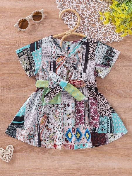 

baby patchwork print wrap belted dress she, Red;yellow